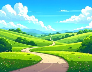 A sunny cartoon landscape with rolling green hills, winding road, fluffy clouds, and a bright blue sky
