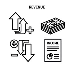 Revenue and income financial concept icon set in a simple black line art style.