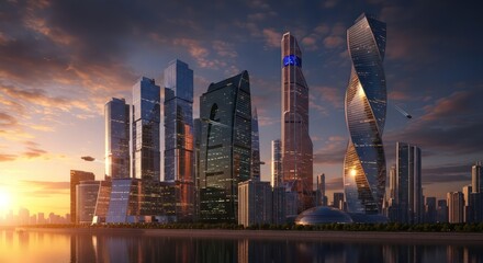Futuristic metropolis skyline featuring unique skyscrapers and tranquil waterfront ambiance