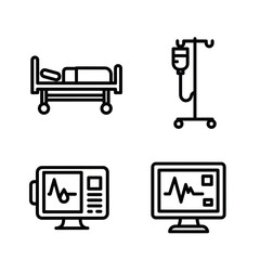 Simple black outline icons of hospital equipment: bed, IV stand, and vital signs monitors.