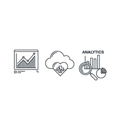 Set of three outline icons representing data analysis, cloud healthcare, and business analytics charts.