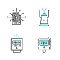 Smart building and IoT technology linear color icon set with digital utility meters.