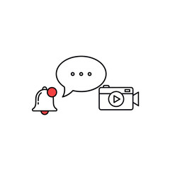 Social media and video content icons set with a notification bell, comment bubble, and video camera.
