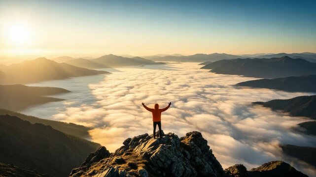 Male adventurer stands on a rocky peak above the clouds with arms outstretched in success. Panoramic mountain landscape representing achievement, freedom and new beginnings