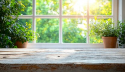 Empty rustic wooden tabletop before a sunlit window with potted houseplants and lush green foliage, calm warm morning light and peaceful cozy atmosphere