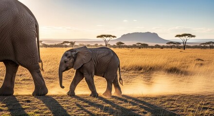 Elephant family walking on savanna with sunset lighting up the african landscape