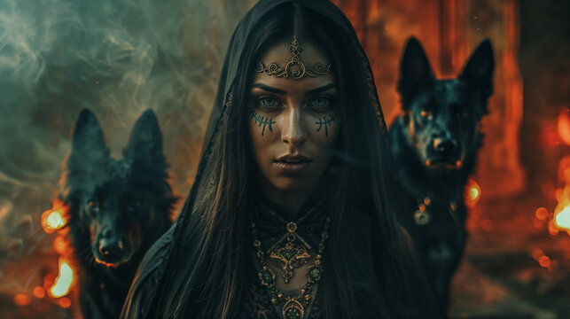 Hecate goddess with two black dogs amid flames depicting ancient Greek mythology witchcraft dark magic deity and supernatural pagan ritual ceremonial atmosphere
