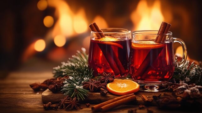Two glass mugs of mulled wine with cinnamon sticks and orange slices on a wooden board surrounded by star anise, cloves and pine sprigs, warm cozy fireplace glow and festive mood