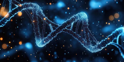 Glowing blue DNA double helix strands twisting through dark space with floating orange and white particles, evoking wonder and futuristic scientific discovery