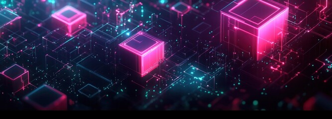 neon glowing cubes and wireframe blocks on a digital grid with floating particles, a futuristic energetic holographic network