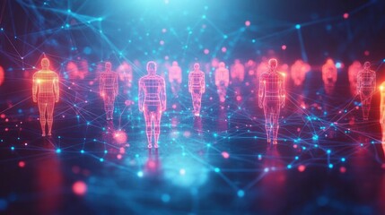 Glowing wireframe human silhouettes walking in formation through a neon blue network of nodes and connecting lines with floating particles, evoking a futuristic connected and surreal mood