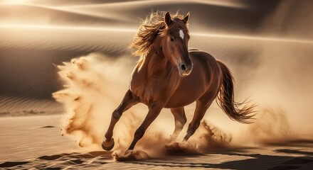 Magnificent chestnut horse gallops energetically through the golden sands of a vast desertscape