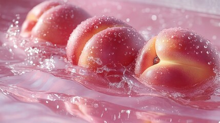 Three ripe peaches glistening with water droplets floating in rippling pink liquid, refreshing juicy and luscious