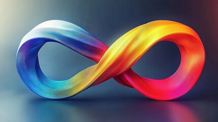 vibrant glossy infinity ribbon in flowing gradient hues of blue, cyan, yellow, orange and pink on dark reflective background evoking motion, harmony and creative energy