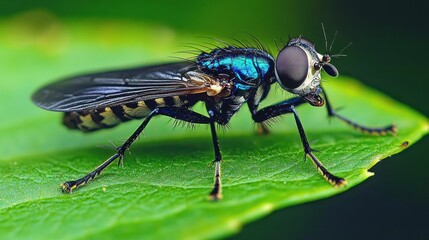 macro close-up of a metallic blue fly with large compound eyes and hairy legs perched on a green leaf conveying alert curious stillness
