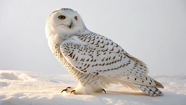 Snowy owl and great horned owls, majestic birds of prey in nature, featuring white snow feathers, bright eyes, and sharp beaks - Powered by Adobe