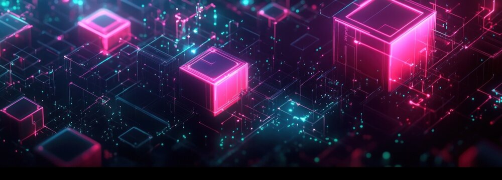 neon glowing cubes and wireframe blocks on a digital grid with floating particles, a futuristic energetic holographic network
