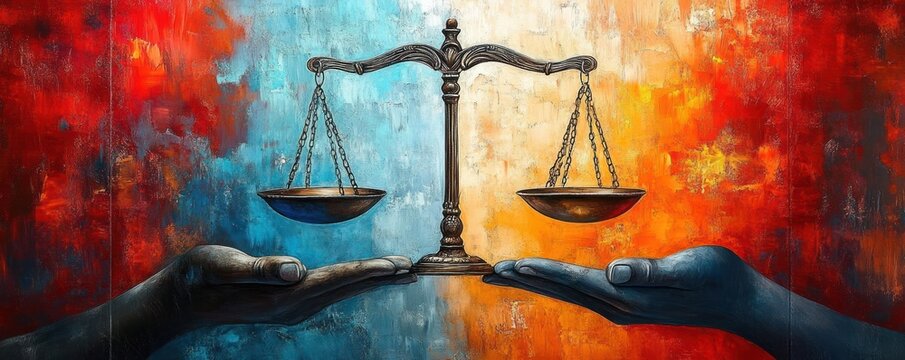 two outstretched hands holding an ornate balance scale over contrasting blue and orange textured background conveying tension, harmony, and the search for justice - Powered by Adobe