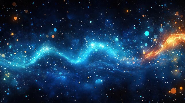 Glowing blue cosmic ribbon of stars and colorful light particles with orange nebula accents across a dark starfield evoking awe and serene wonder - Powered by Adobe