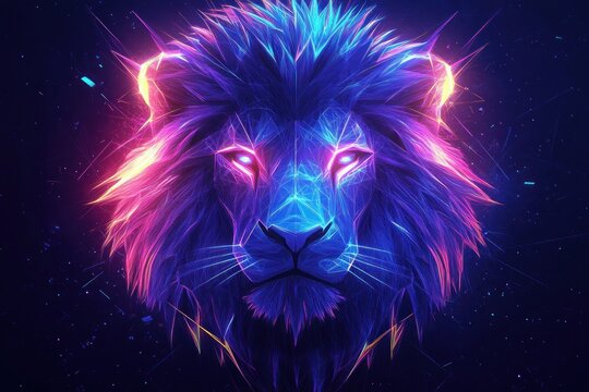neon lion head with electric glowing mane and geometric lines, vibrant blue and purple colors, glowing eyes against a cosmic starry background, intense majestic and mystical gaze