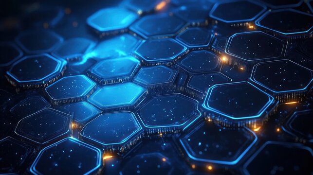 Futuristic glowing blue hexagonal tile grid with metallic edges, tiny floating particles and warm orange indicator lights, evoking a sleek, mysterious high-tech atmosphere