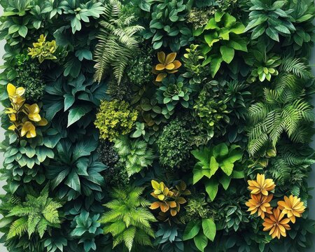 dense lush vertical living wall of mixed leafy plants, ferns, and yellow succulents conveying a calm, refreshing, tranquil mood