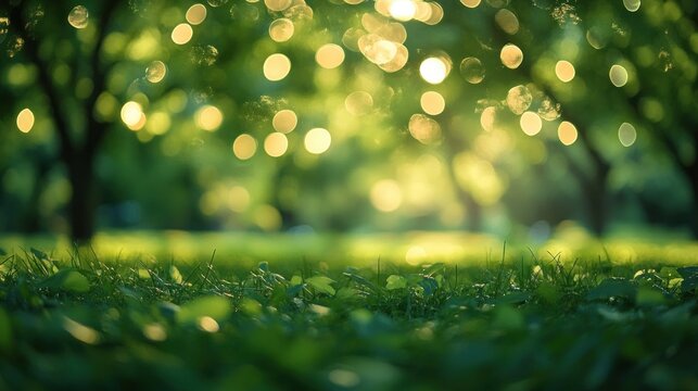 close low-angle view of sunlit grass and clover with blurred trees and warm bokeh lights, evoking a peaceful dreamy meadow