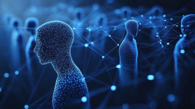 blue wireframe human silhouettes linked by glowing network nodes in a digital landscape conveying isolation and interconnectedness