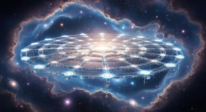 Cosmic marvel: A luminous, intricate structure amidst nebulous stardust and galaxies