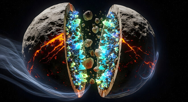 Exploding Planet with Glowing Core and Debris.