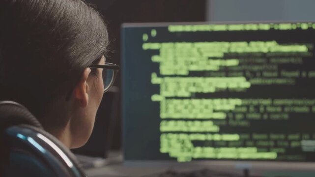 Late-Night Programmer Writing Complex Code in a Dark Workspace