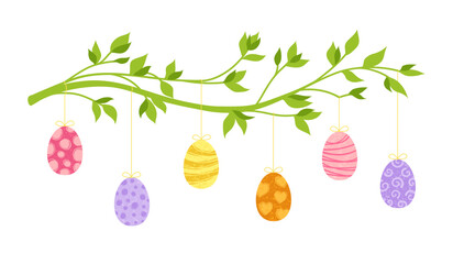 Branch with Easter eggs texture illustration. Happy Easter decoration flat hand drawn vector illustration isolated on white background for greeting card, postcard, invitation, poster