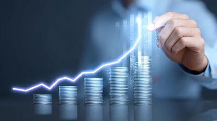 Financial success man holds coins graph shows growth investment analysis person with money chart illustrates gains