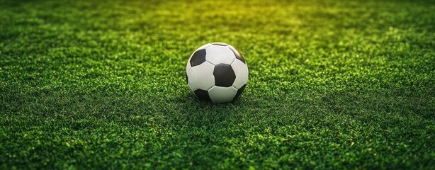 Solitary black and white soccer ball resting on lush green grass under warm sunlight, evoking calm anticipation