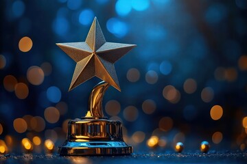 gold star trophy on a polished base with warm bokeh lights and deep blue background, evoking a celebratory elegant triumphant mood