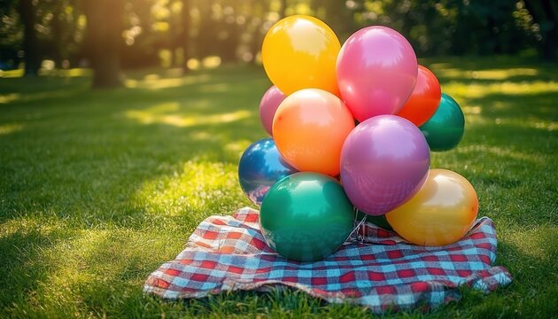 Colorful balloons resting on a red and white checkered picnic blanket on sunlit green grass in a peaceful park, evoking cheerful playful summer joy