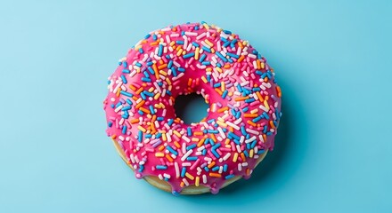 Delicious donut with pink frosting and colorful sprinkles on blue background.
