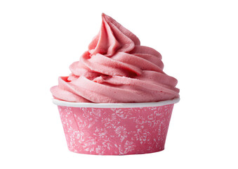 Swirled pink frozen yogurt in a floral patterned cup