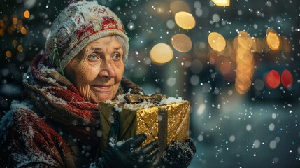 Joyful elderly woman holding hot beverage in winter snowfall with festive lights bokeh depicting Christmas holiday warmth and seasonal happiness celebration