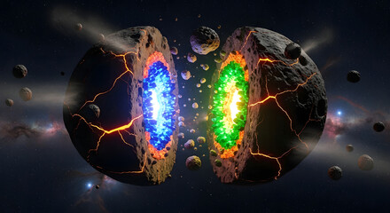 A fractured planet reveals its glowing blue and green energy cores.