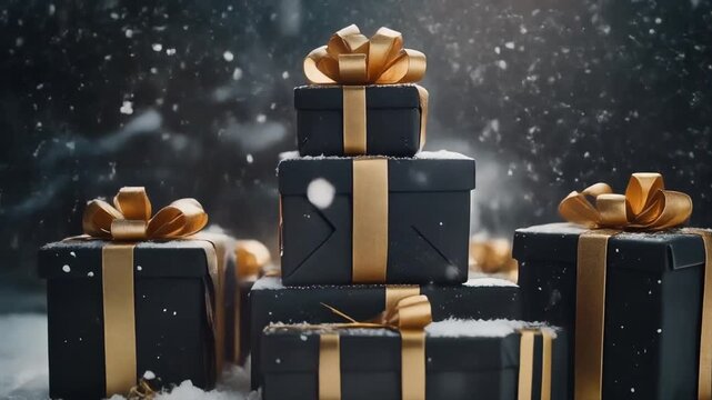 Cinematic orbit shot around a stack of stylish black and gold Christmas presents