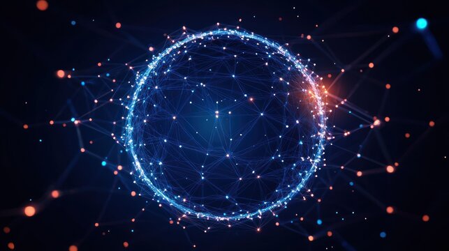 glowing digital sphere of interconnected blue and orange nodes and lines floating in dark space, evoking awe and futuristic connectivity