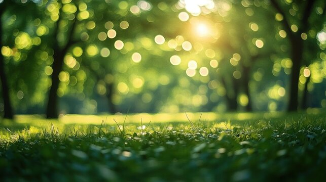 sunlit grassy foreground with blurred trees and warm bokeh light, peaceful dreamy park scene - Powered by Adobe