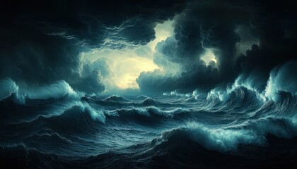 turbulent ocean under towering storm clouds with a bright break of light on the horizon, roaring foamy waves and a dramatic ominous atmosphere