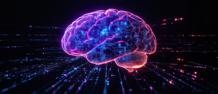 glowing neon digital brain hologram with circuit patterns and streaming light trails in blue and magenta conveying futuristic connectivity and awe