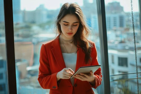 professional woman in red blazer holding tablet by large office window with city skyline, wearing layered necklaces, focused and confident