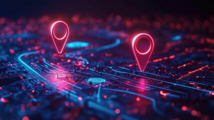 glowing neon map with two location pins hovering above illuminated circuit-like city streets, electric blue and pink lights creating a futuristic energetic high-tech atmosphere