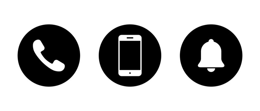 Call, smartphone and notification icon in black circle. Phone, cellphone, and bell symbol