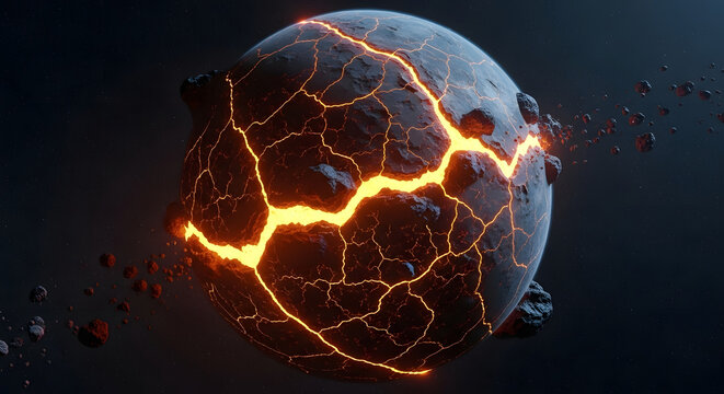 Exploding planet with fiery cracks and cosmic debris in space.