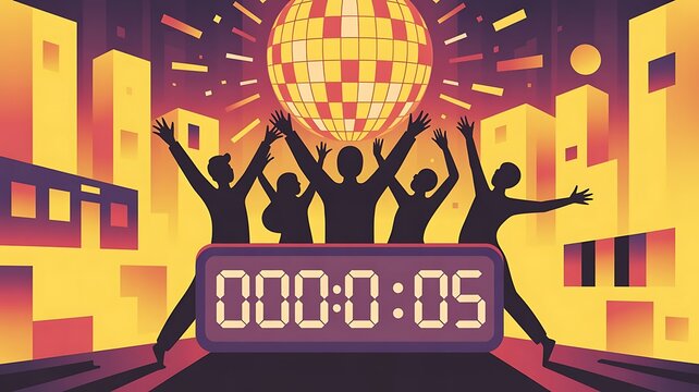 New Years Eve Countdown Party with People and Disco Ball Celebration